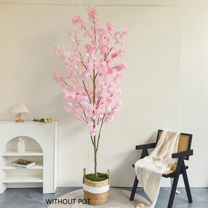 100-220Cm New Artificial Cherry Tree Plant Natural Trunk Silk Fake Leave Ornament Outdoor Faux Plant for Wedding Home Room Decor
