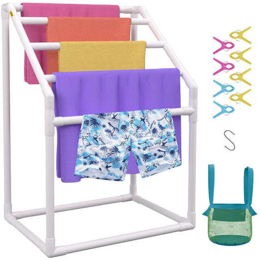 VEVOR Pool Towel Rack, 5 Bar, White, Freestanding Outdoor PVC Trapedozal Poolside Storage Organizer, Include 8 Towel Clips, Mesh Bag, Hook, Also Stores Floats and Paddles, for Beach, Swimming Pool Fitting Glossy